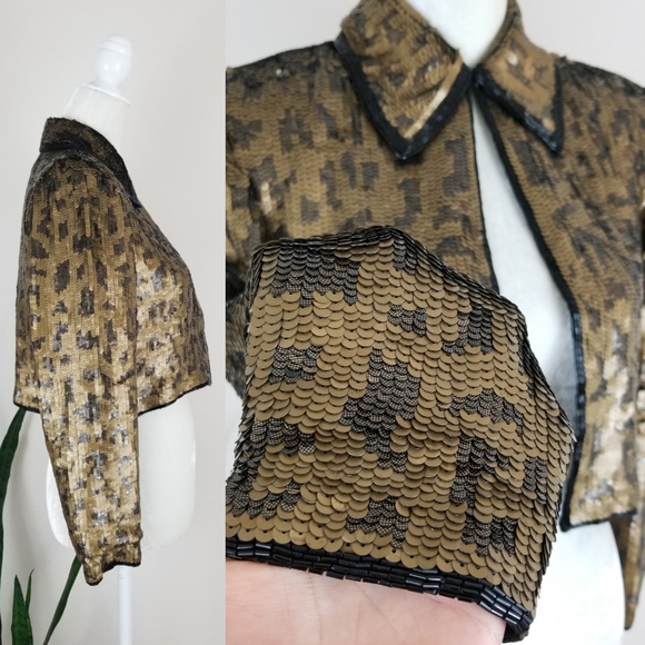 SOLD ❌ VTG 90s Silk Sequin Leopard Cropped Blazer - Picture 3 of 10